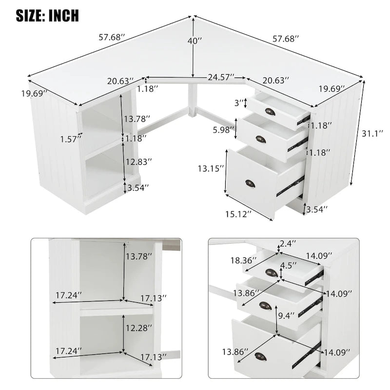Modern L Shaped Executive Office Desk with 3 Drawers and Open Shelves for Home Office or Study Room Use