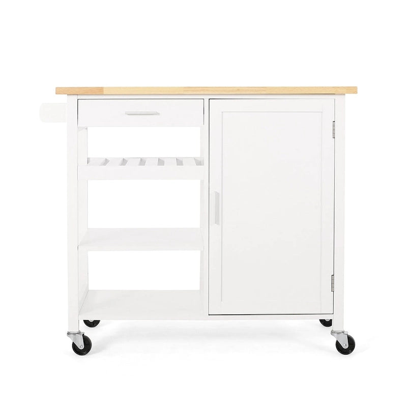 Pojízdný kuchyňský ostrůvek, kuchyňský úložný vozík s dřevěnou horní deskou, moderní domácí úložný vozík s dvířky, 3 police, zásuvka