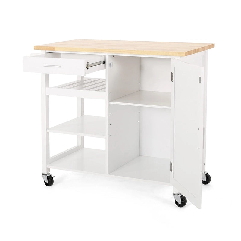 Pojízdný kuchyňský ostrůvek, kuchyňský úložný vozík s dřevěnou horní deskou, moderní domácí úložný vozík s dvířky, 3 police, zásuvka