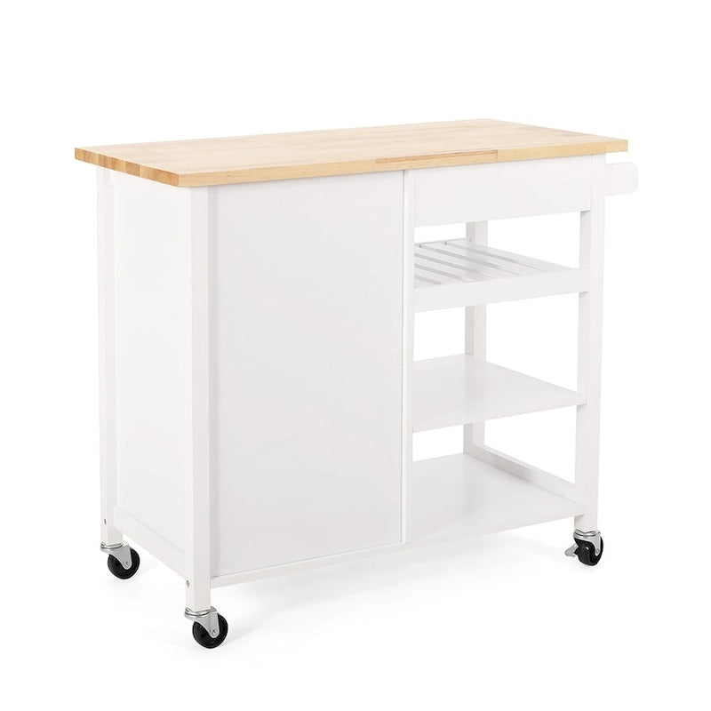 Pojízdný kuchyňský ostrůvek, kuchyňský úložný vozík s dřevěnou horní deskou, moderní domácí úložný vozík s dvířky, 3 police, zásuvka