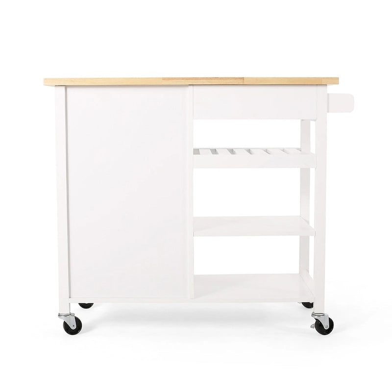 Pojízdný kuchyňský ostrůvek, kuchyňský úložný vozík s dřevěnou horní deskou, moderní domácí úložný vozík s dvířky, 3 police, zásuvka