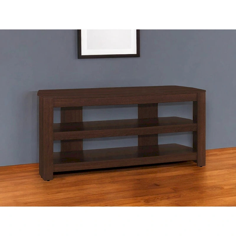 Ciemnobrązowa drewniana szafka RTV o długości 42 cali z otwartymi półkami, do telewizora 55-calowego, konsola multimedialna do salonu - 19.75H x 15.5W x 42L