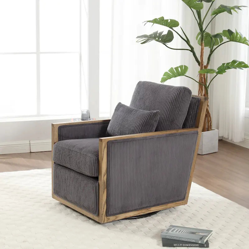 Moderní čalouněné otočné křeslo typu barrel s otočením o 360°, 26.77, s pevným rámem z tvrdého dřeva do obývacího pokoje