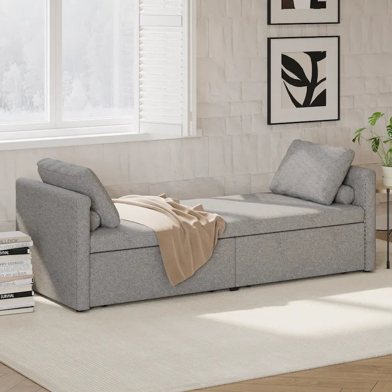 Chaise longue moderna da 81.5 in con rivestimento in lino, cuscini e 2 cassetti per il soggiorno