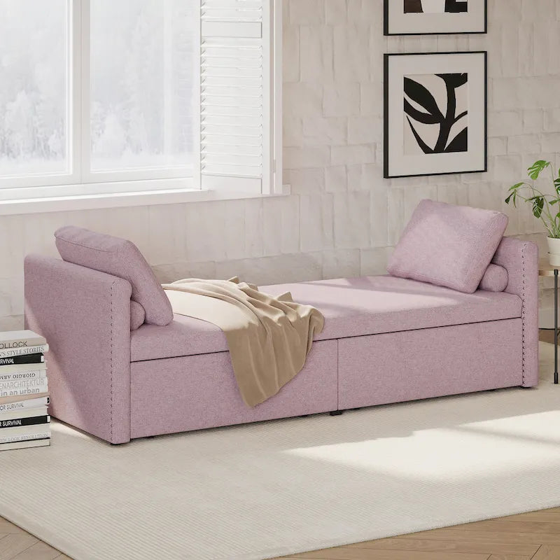 Modern 81.5 Linen Upholstered Chaise Lounger Daybed with Pillows and 2 Drawers for Living Room