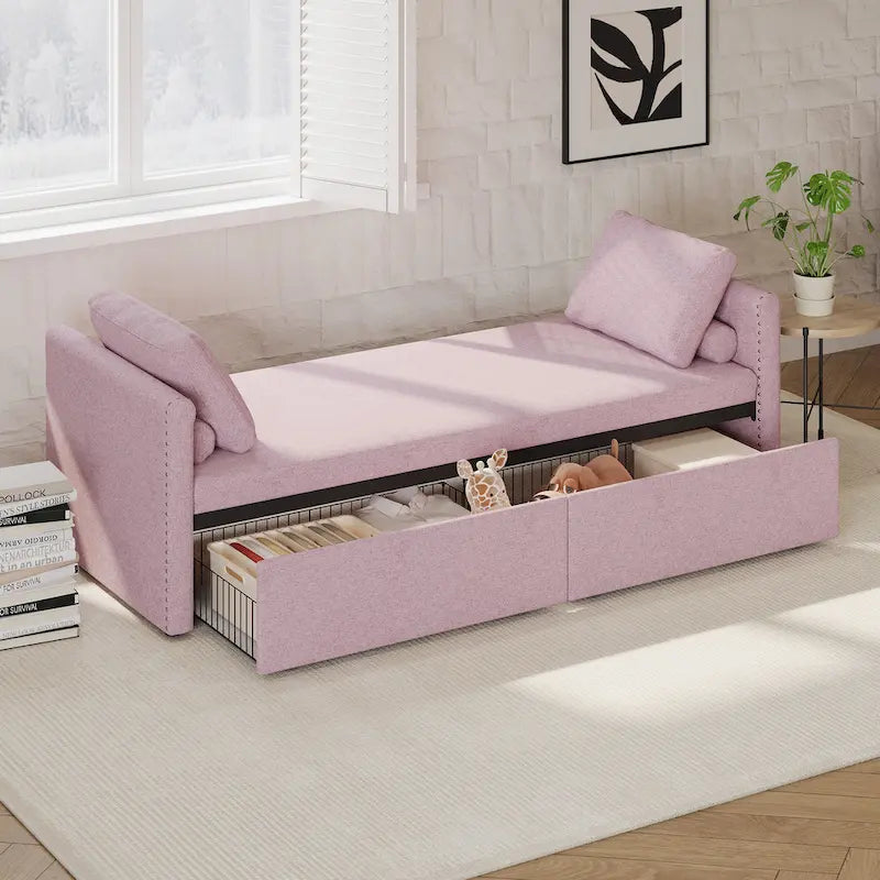 Chaise longue moderna da 81.5 in con rivestimento in lino, cuscini e 2 cassetti per il soggiorno