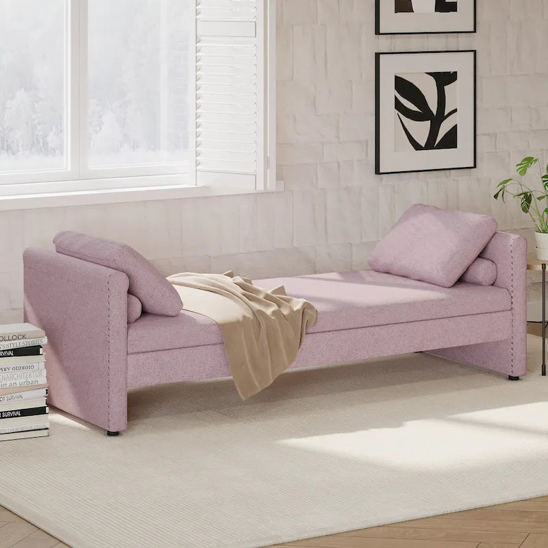 Chaise longue moderna da 81.5 in con rivestimento in lino, cuscini e 2 cassetti per il soggiorno