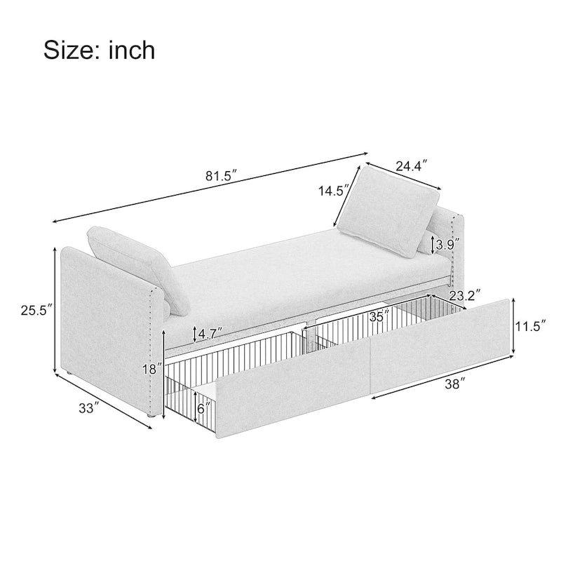 Chaise longue moderna da 81.5 in con rivestimento in lino, cuscini e 2 cassetti per il soggiorno