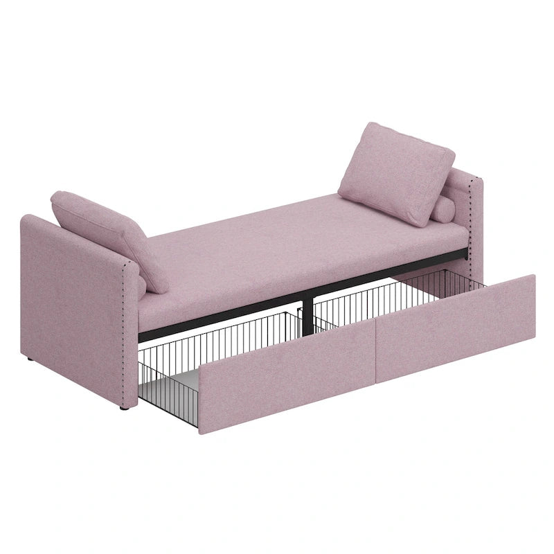 Chaise longue moderna da 81.5 in con rivestimento in lino, cuscini e 2 cassetti per il soggiorno