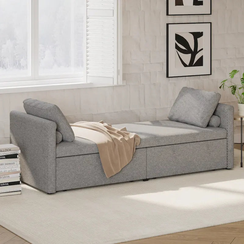 Chaise longue moderna da 81.5 in con rivestimento in lino, cuscini e 2 cassetti per il soggiorno