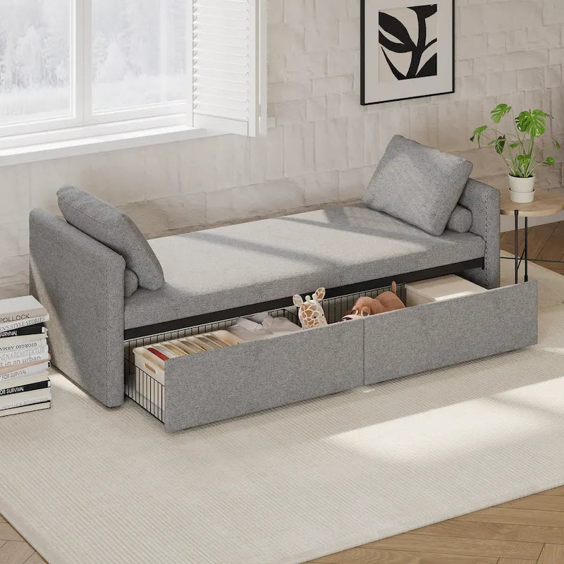 Chaise longue moderna da 81.5 in con rivestimento in lino, cuscini e 2 cassetti per il soggiorno