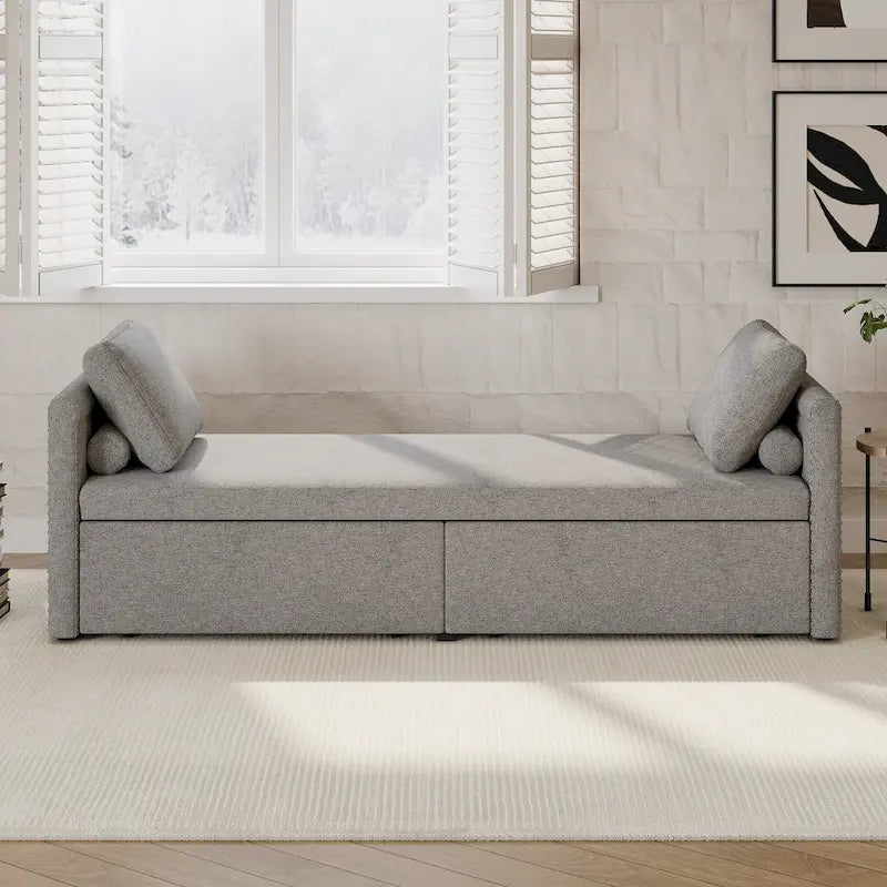 Chaise longue moderna da 81.5 in con rivestimento in lino, cuscini e 2 cassetti per il soggiorno