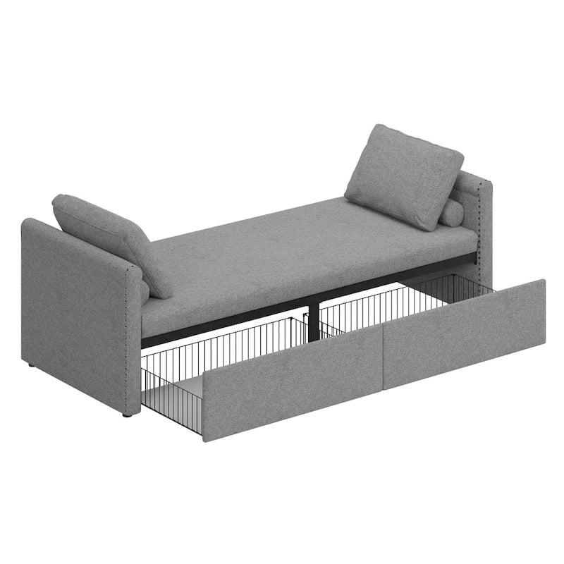 Chaise longue moderna da 81.5 in con rivestimento in lino, cuscini e 2 cassetti per il soggiorno