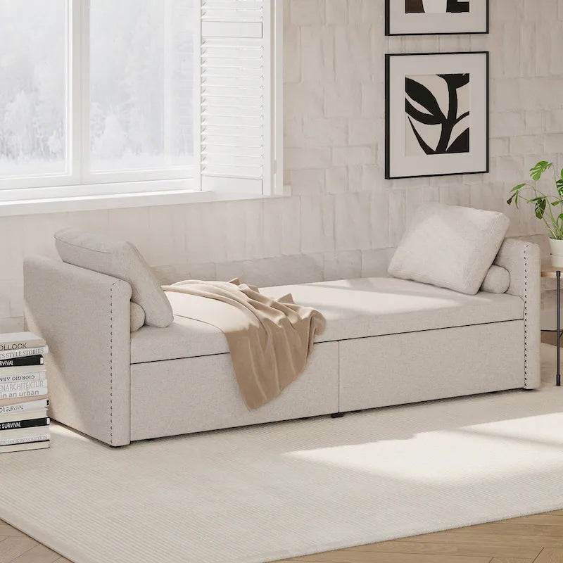 Chaise longue moderna da 81.5 in con rivestimento in lino, cuscini e 2 cassetti per il soggiorno