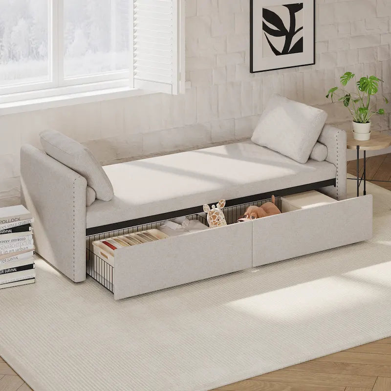 Chaise longue moderna da 81.5 in con rivestimento in lino, cuscini e 2 cassetti per il soggiorno