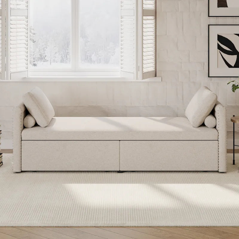 Chaise longue moderna da 81.5 in con rivestimento in lino, cuscini e 2 cassetti per il soggiorno