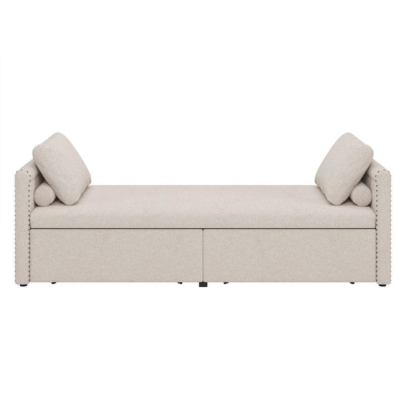 Chaise longue moderna da 81.5 in con rivestimento in lino, cuscini e 2 cassetti per il soggiorno