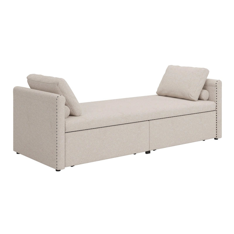 Chaise longue moderna da 81.5 in con rivestimento in lino, cuscini e 2 cassetti per il soggiorno