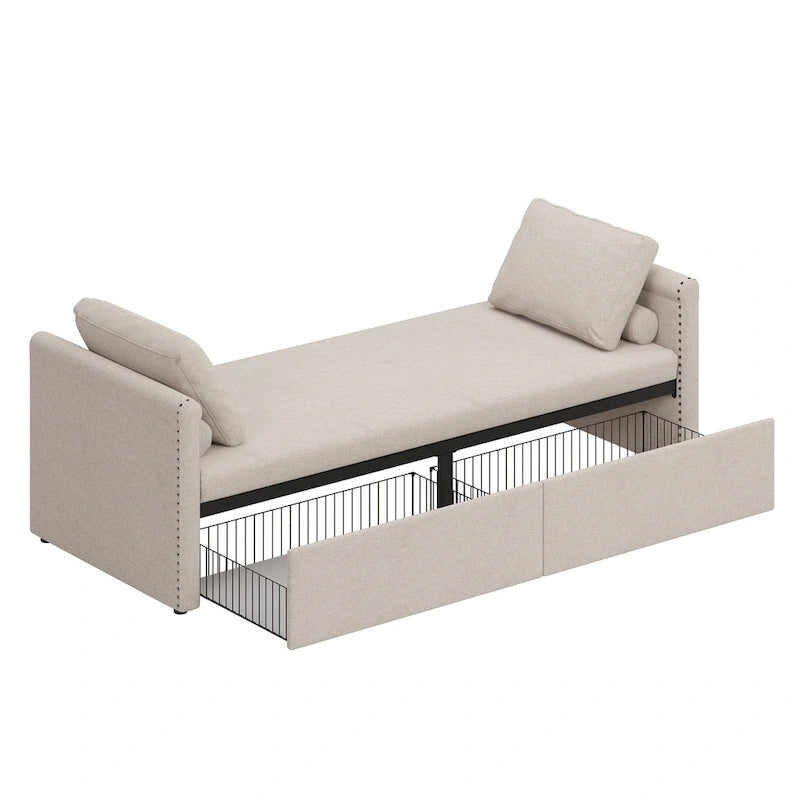 Chaise longue moderna da 81.5 in con rivestimento in lino, cuscini e 2 cassetti per il soggiorno