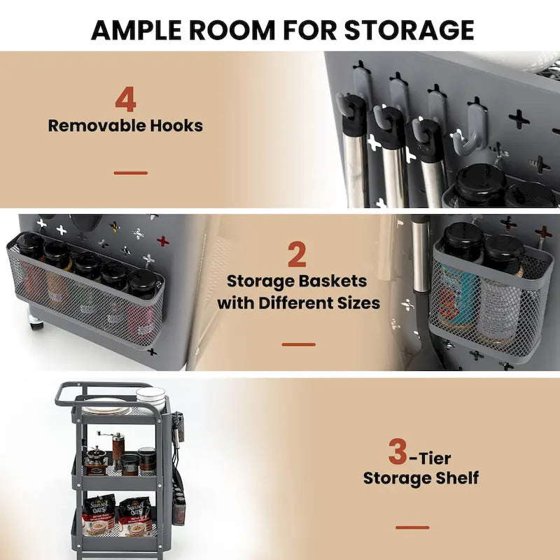3Tier Rolling Cart Storage Trolley Organizer Mobile Metal Utility Cart