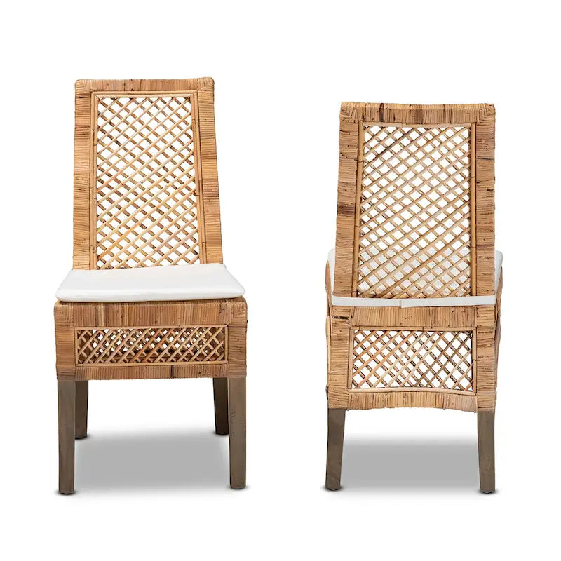 Modern Bohemian Natural Brown Rattan 2-Piece Dining Chair Set