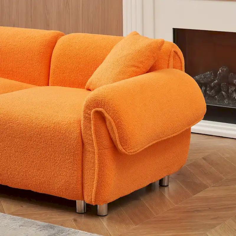 Tecido de veludo Teddy cor de laranja, com 3 almofadas, sofá de três lugares que pode ser colocado na sala de estar e noutros espaços