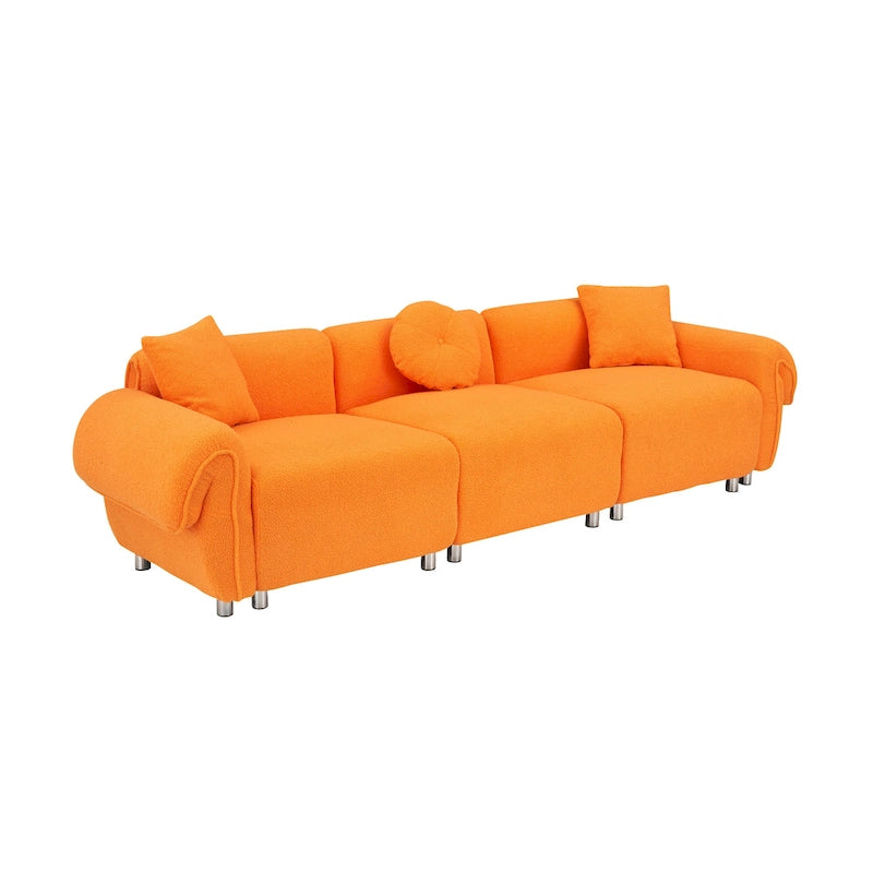 Tecido de veludo Teddy cor de laranja, com 3 almofadas, sofá de três lugares que pode ser colocado na sala de estar e noutros espaços