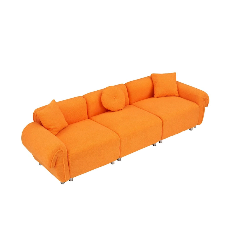 Tecido de veludo Teddy cor de laranja, com 3 almofadas, sofá de três lugares que pode ser colocado na sala de estar e noutros espaços