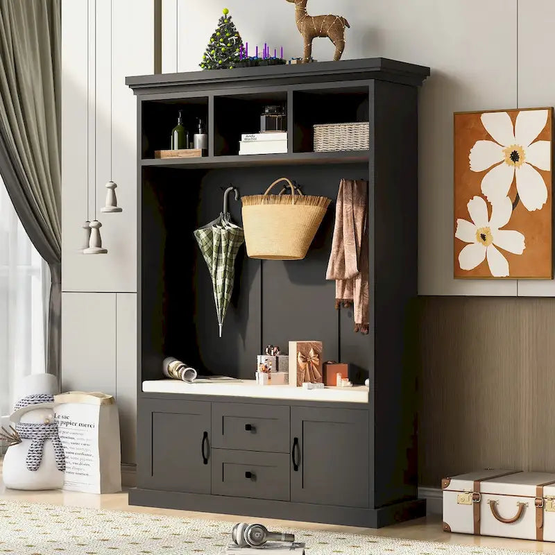 Kapstok met 3 haken, kledinghanger, halbank, opbergbank, 3-in-1-ontwerp, 47.2INCH, voor entree, hal (zwart)