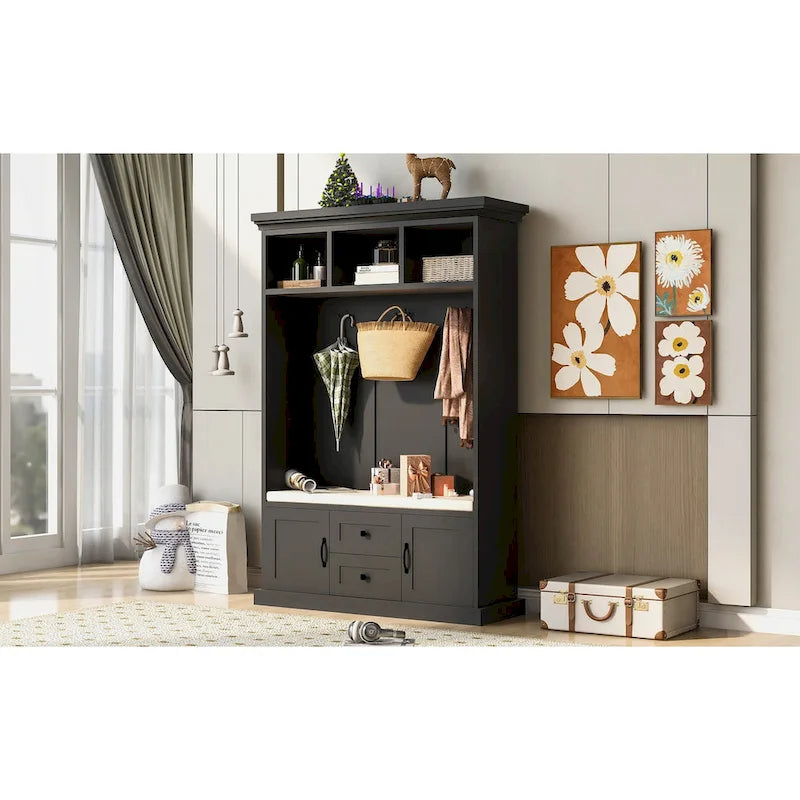 Kapstok met 3 haken, kledinghanger, halbank, opbergbank, 3-in-1-ontwerp, 47.2INCH, voor entree, hal (zwart)