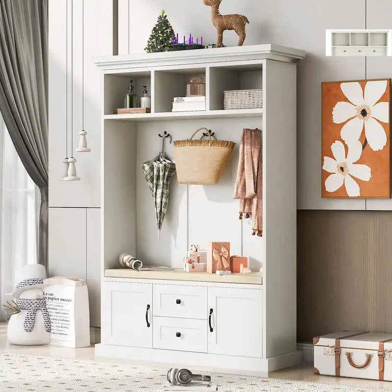 Kapstok met 3 haken, kledinghanger, halbank, opbergbank, 3-in-1-ontwerp, 47.2INCH, voor entree, hal (zwart)