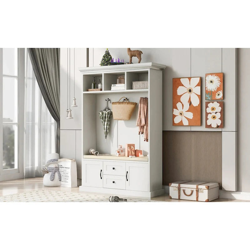 Kapstok met 3 haken, kledinghanger, halbank, opbergbank, 3-in-1-ontwerp, 47.2INCH, voor entree, hal (zwart)