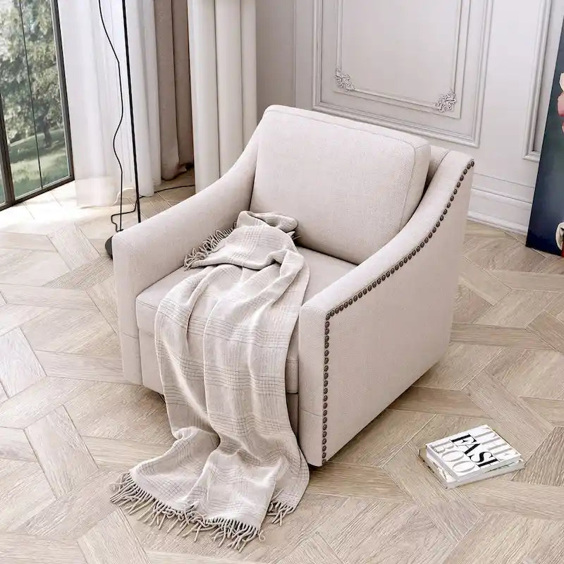 360 Degree Swivel Armchair with Ergonomic Design and Brass Nail Decoration, White