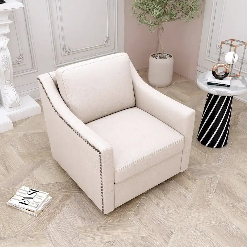 360 Degree Swivel Armchair with Ergonomic Design and Brass Nail Decoration, White