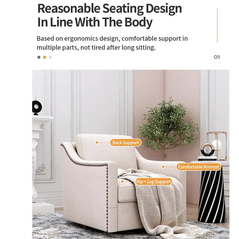Um 360 Grad drehbarer Sessel mit ergonomischem Design und Messingnageldekor, Weiß