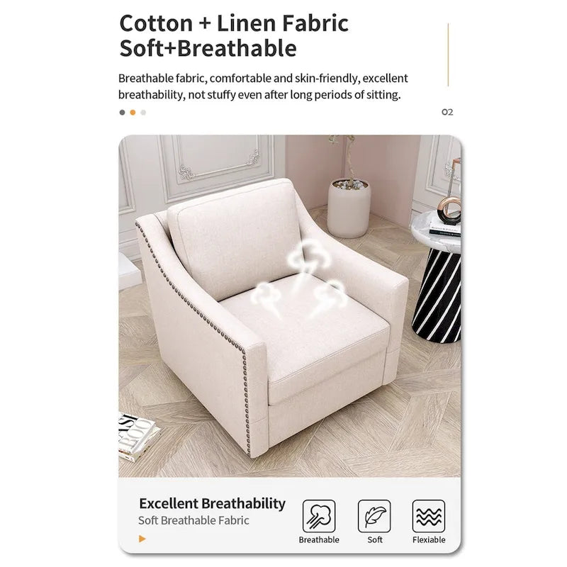 Um 360 Grad drehbarer Sessel mit ergonomischem Design und Messingnageldekor, Weiß
