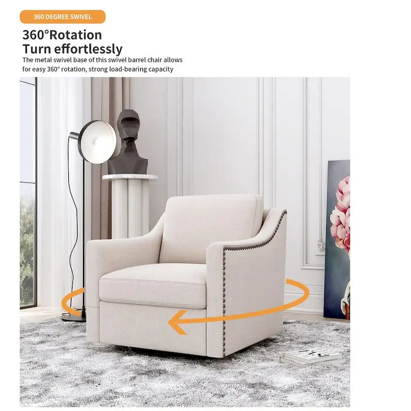 Um 360 Grad drehbarer Sessel mit ergonomischem Design und Messingnageldekor, Weiß
